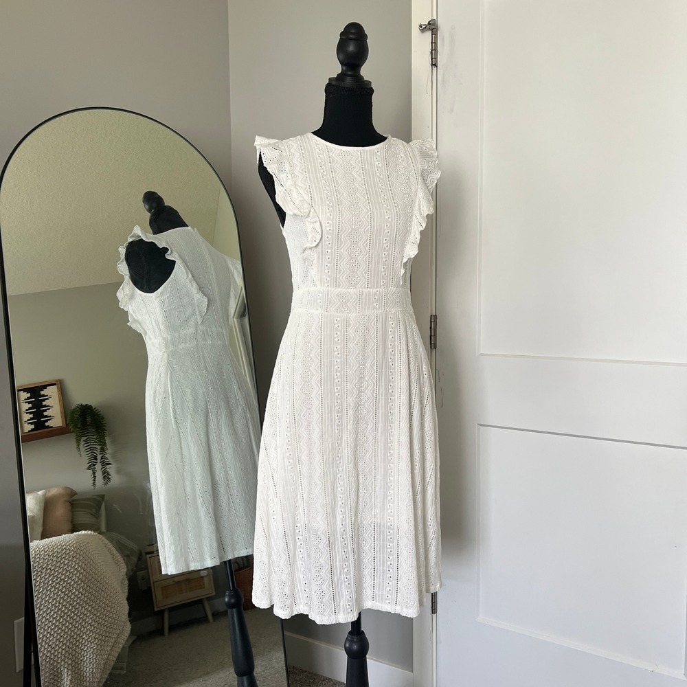 White Eyelet Cotton Midi Dress Womens Small Ruffle Sleeve Cottagecore‎ Ecowish